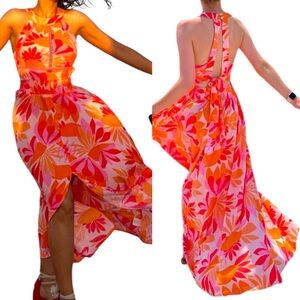 Anthropologie Abel The Label Rumi Orange Pink Tropical Halter Maxi Dress Medium